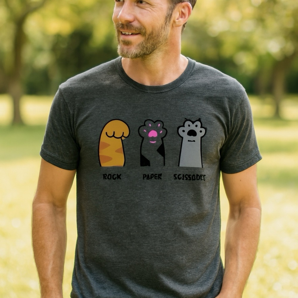 Gray Graphic Tee - Rock Paper Scissors Cat Claw Design